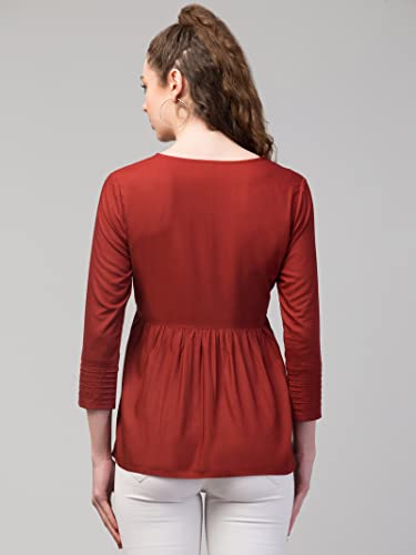 Image of FIMS - Fashion is my style Women Cotton Pleated & Gathered Embroidery Stone Full Sleeves Top Regular Fit Round Neck Tops for Girls