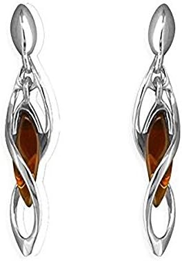 Cognac Amber In Twisted Helix Art Deco Fancy Dangly/Dangle Drop Silver Earrings for Women/Teenage/Girls - 925 Sterling Silver - 7mm W X 37mm H - Weight: 3.0 Grams