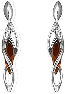 Cognac Amber In Twisted Helix Art Deco Fancy Dangly/Dangle Drop Silver Earrings for Women/Teenage/Girls - 925 Sterling Silver - 7mm W X 37mm H - Weight: 3.0 Grams