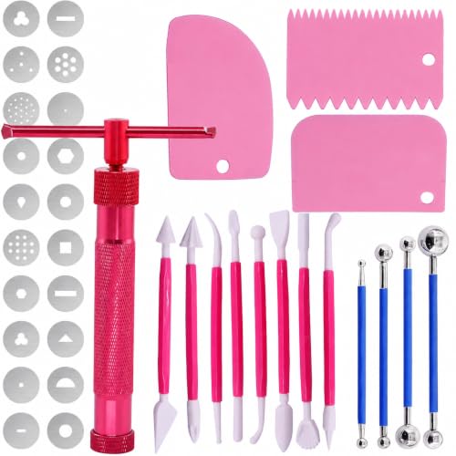 Image of Professional 35 Pcs Stainless Steel Clay Extruder Sugar Paste Extruder Cake Fondant Decorating Tool Set Ceramics & Pottery Clay Extruders Mixers & Presses (RED)