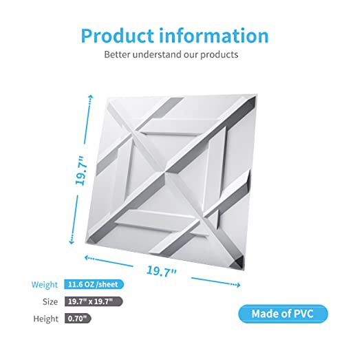 Image of Art3d Decorativ PVC Glue-Up 3D Wall Panel, 19.7 x 19.7 in, 12-Pack, White