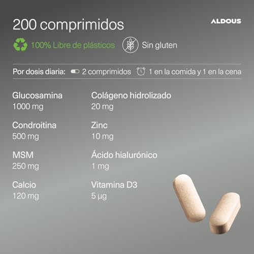 Glucosamina Condroitina MSM - 200 comprimidos XL - Colágeno, Ácido Hialurónico, Zinc, Calcio y Vitamina D3 - Antiinflamatorio Natural - Para Huesos y Articulaciones - Libre de plástico - ALDOUS - imagen 3