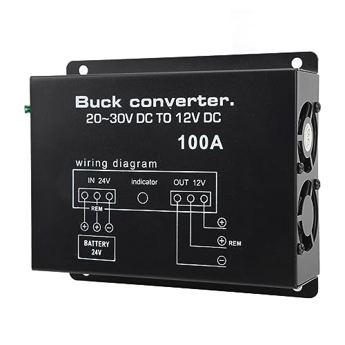Czarny konwerter samochodowy 100 A, konwerter 24 V na 12 V, wytrzymały stop aluminium z przegrzaniem, lekki przenośny transformator napięcia do lodówek samochodowych,