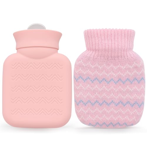 320ml Hot Water Bottle with Knited Cover, Mini Hot Water Bag for Pain Relief, Waist, Back, Neck, Shoulders, Small Leak Proof Hot Water Bottle with Removable Cover for Women, Kids, Best Gifts