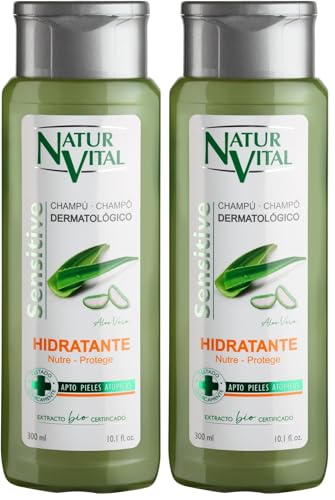 NaturVital - Champú Sensitive Hidratante, Sin Parabenos, Colorantes ni Siliconas, Champú Natural con Aloe Vera, Dermatológico para Piel Sensible y Atópica, Hombres y Mujeres, 300 ml (Paquete de 2)