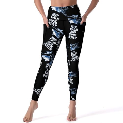 Shark Keep Calm and Swim Faster High Waist Yoga Pants with Pocket Slim Tummy Control Pants Butt Lift Leggings Workout Tights
