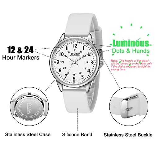 Fembw Unisex Medical Quartz Watch For Nurse Doctor Emt Workers, 50M Waterproof Silicone Analog Wrist Watch For Men Women With 38Mm Easy To Read Dial,Arabic Numerals,Luminous Second Dots #TOP2