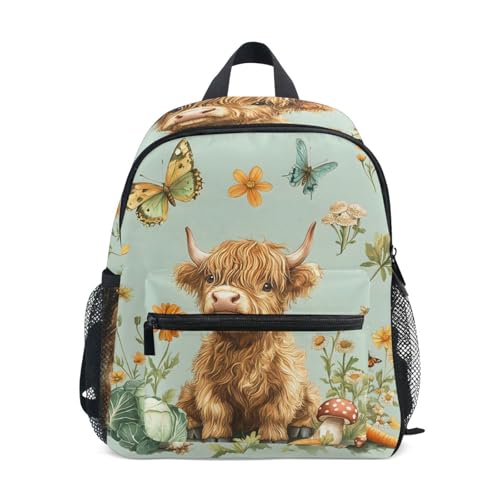 Sac à dos vert motif vache Highland avec bretelles rembourrées pour enfant