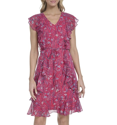 Image of Tommy Hilfiger Women's Sleeveless V-Neck Ruffle Trim Tie Waist Chiffon Mini Dress
