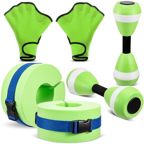 Hungdao Water Aerobics Set for Aquatic Exercise Include Foam Water Dumbbell Swim Aquatic Cuffs Ankle Arm for Sport Swimming Glove Pool Resistance Weights Fitness Equipment for Workout Training (Green)