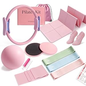 Pilates Kit with Foldable Yoga Mat, Portable Home Workout Pilates Equipment, Lightweight Pilates Set for Travel & Small Spaces,14.5″ Pilates Ring and Ball, Resistance Bands & Core Sliders, Pink