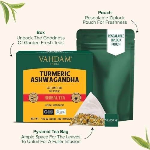Image of VAHDAM, Turmeric Ashwagandha Herbal Tea Bags (100 Count) Caffeine Free, Non GMO, Gluten Free | 100% Pure Herbal Blend - Sweet & Earthy | Whole Leaf Tea Bags | Resealable Ziplock Pouch