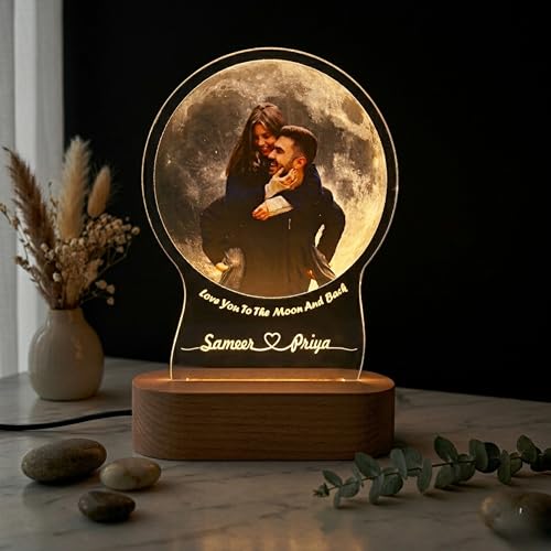 Image of Moon LED Photo Lamp with Wooden Base | Custom Couple Picture Night Light with Name Engraving | Romantic Gift for Anniversary, Wedding, Valentine, Birthday Brother Sister