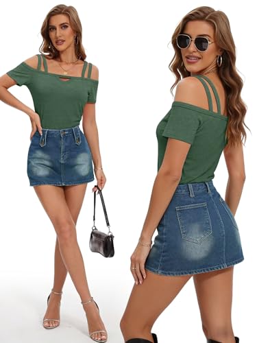 Image of Bliwov Womens Cold Shoulder Tops Short Sleeve Cute Sexy Summer Spring Beach Vacation T Shirts Fashion Outfits Basic Clothes