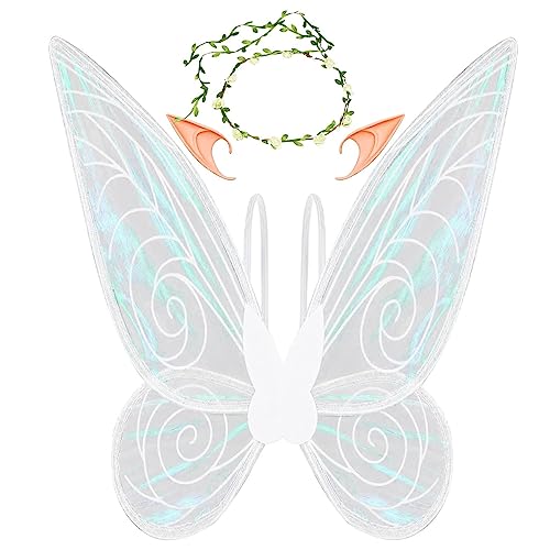 PATPAT Fairy Wings For Girls For Kids 5+ Years,Butterfly Wings For Baby Girl Butterfly Theme Birthday Party Decorations With Elf Ears Angel Wings Flower Garland For Decoration,Halloween Costume,White