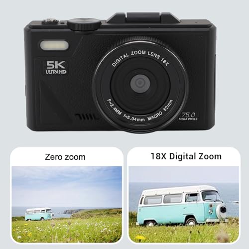Aparat Cyfrowy 5K, Aparat Vlogging 75MP, z 18 -krotnym Zoomem, 3 -calowym Ekranem Klapki, Kompaktowy Aparat HD, do Fotografii Podróży (BLACK)