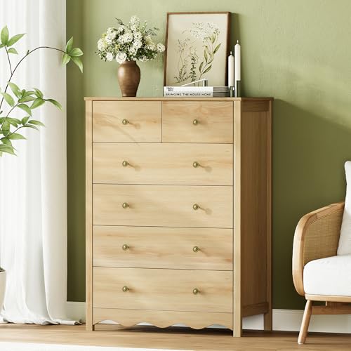 CHYMSUN Dresser for Bedroom with 6 Drawers, 44” Tall Modern Wood Dresser Chest of Drawers with Metal Handle, Farmhouse Natural Solid Wooden Dressers Organizer for Living Room, Hallway