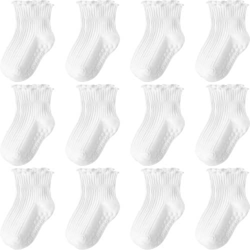 Aroveea Baby Toddler Girls Socks Grip Ruffle Non Slip Girls Cotton 12 Pack Socks for 6-12Months Kids Cute Ankle 6M-7Years