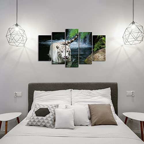 Vividhome 5 Panel Tiger Canvas Prints Wall Art White Tiger In Pond Giclee Artwork Wildlife Wall Theme Pictures In Gallery Wrapped Stretched And Ready To Hang For Living Room Decor #TOP4