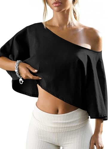 Fisoew Womens Off Shoulder Cropped Tops Batwing Short Sleeve Workout Shirts