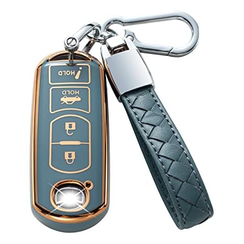 CHEZENHUI Compatible with Mazda Key Fob Cover with Leather Lanyard, Car Key Case Shell Protection for Mazda 3 6 8 Miata MX-5 CX-3 CX-5 CX-7 CX-9 4 Buttons Smart Remote Control,Blue Cover