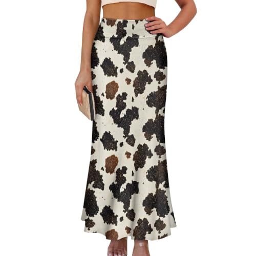 GETELINSENG Women's High Waist Long Skirts Retro Cow Print Flared Maxi Skirt Art Colorblock Vintage Pattern A Line Fishtail Skirt Fashion Bodycon Ruffle Hem Skirts for Party