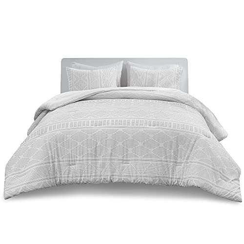 Comfort Spaces 100% Cotton Comforter Set Clipped Jacquard Geometric Mid Century Design, Down Alternative, All Season Modern Bedding, Matching Shams, Full/Queen, Albany, Grey 3 Piece #TOP7