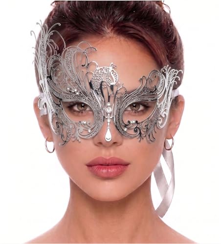 Image of Metal Filigree Masquerade Mask for Women - Swan Style Mask with Rhinestones for Mardi Gras, Prom, Halloween & Venetian Party