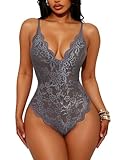 Buitifo Damen Spitze Bodysuit EIN Stück Babydoll Rückenlos Mini Teddy V-Ausschnitt Dessous(Grau T1,XXL)