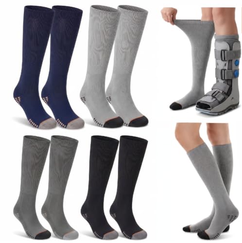 4 Pairs Walking Boot Socks Replacement Sock Liner for Orthopedic Walker Brace, Tube Socks Under Air Cam Walkers and Fracture Boot Cast Surgical Leg Cover (Dark Gray, Light Gray, Blue, Black)