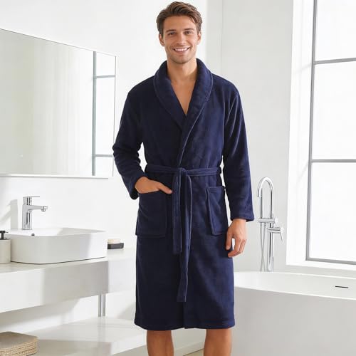 Brandsseller Unisex Bademantel Mikrofaser L/XL – Weicher Morgenmantel mit Schalkragen für Damen & Herren – Hausmantel ideal für Zuhause, Reise & Spa – Marine