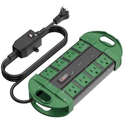 CCCEI GFCI Outdoor Power Strip Weatherproof with 8 AC Waterproof Extension Cord with Multiple Outlets Wall Mount Surge Protector Flat Plug Christmas Exterior Garden Yard 6FT Green.