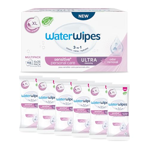 WaterWipes Sensitive Personal Care Ultra Incontinence Wipes Odor Removal Heavy Duty XL Textured Wipes Fragrance Free 156 Count (6 Packs)