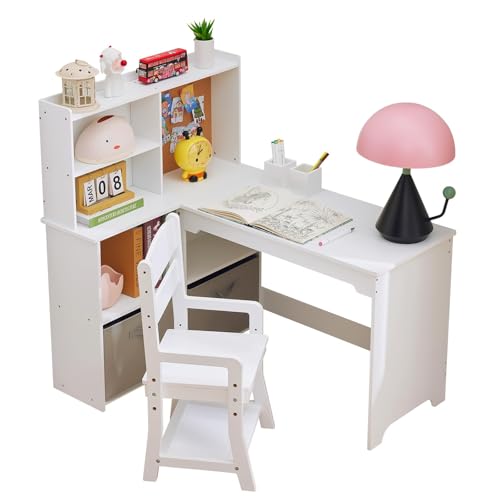 Multifunktionales Kinderschreibtisch-Set Mit Stuhl, Bücherregal, Schrank Pinnwand Lernschreibtisch Für Kinder Ab Jahren Robuster Schreibtisch Mit Großzügiger Ablagefläche Sicherer Konstruktion Weiß