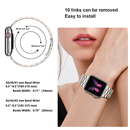 Image of MioHHR Solid Stainless Steel Bands Compatible with Apple Watch 38mm 40mm 41mm, Metal Strap with Soft TPU Case for iWatch Bands Series 9 8 7 6 5 4 3 2 1 SE SE2 SE3 Women and Men, Silver /Rose Gold