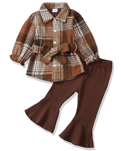 Renotemy Infant Baby Girl Clothes Outfits 9-12 Months Baby Clothes For Girls Fall Winter Flannel Plaid Blouse Shirt Long Sleeve Clothing Set Baby Girl Clothes 9-12 Months Bell Bottom Brown
