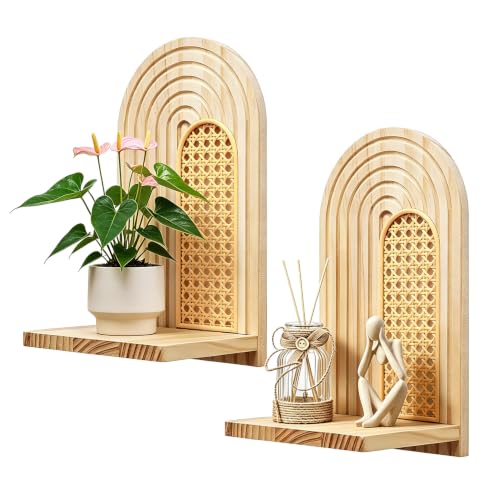 Nashcom Floating Shelves for Wall Set of 2, Solid Pine Wood & Rattan Wall Shelf, Boho Decorative Shelves, Small Floating Shelves for Bedroom, Living Room, Bathroom, Office Natural