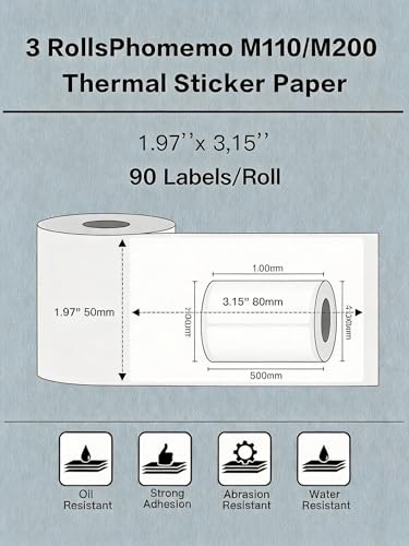Image of Phomemo Labels- 3 Rolls M110 /M220 /M221 /M120 /M200 Thermal Label Paper 1.97 inchx3.15 inch(50x80mm)- M110 Address Label Multipurpose Square Self-Adhesive Paper, 90 Labels /Roll