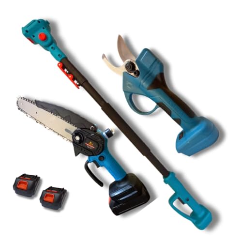 Kit Potatura con Asta Telescopica - Motosega 8 Pollici + Forbici Taglio max 25mm - Doppia Batteria 48VF - Estensione da 110 a 240 cm - Giardinaggio - Fai da te