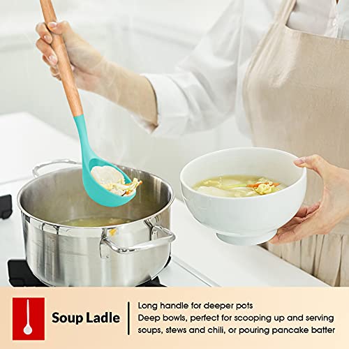 Cooking Utensils Set Of 6, E-Far Silicone Kitchen Utensils With Wooden Handle, Non-Stick Cookware Friendly, Includes Spatula/Ladle/Slotted Turner/Serving Spoon/Spaghetti Server(Turquoise) #TOP4