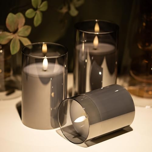 Image of Flameless Candles Battery Operated Candles LED Pillar Grey Glass Candles | 10-Key Control with Remote and Timers for Indoor Party, Wedding,Tabletop Halloween Decorations, H 4 inch 5 inch 6 inch, Set of 3