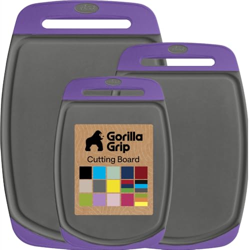 Image of GORILLA GRIP BPA-Free Reversible Kitchen Cutting Board Set of 3, US Designed, Nonporous, Juice Grooves Catch Liquid, Slip Resistant Border, Dishwasher Safe, Durable Food Chopping Boards, Gray Purple