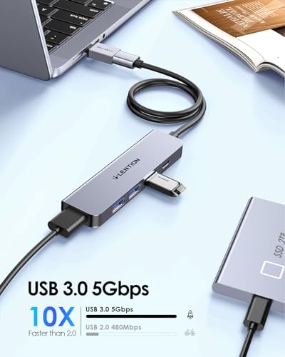 Hub USB 3.0, 4 Porte USB 3.0 Dati & Porta Alimentazione tipo C, Adattatore Multiporta con Cavo Lungo 0.6M, per PC Windows, MacBook, Laptop, Desktop, Altri con Porta USB-A 3.0 (HE32-0.6M) - Hub USB - Immagine 2