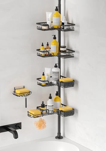 Image of KEGII Tension Pole Corner Shower Caddy - 4-Tier Corner Organizer with 2 Dual-Use Soap Holders & 2 Soap Saver Pads, Rust-Resistant Adjustable Shelves, Fits 25-114.2 Inch for Bathtub & Home