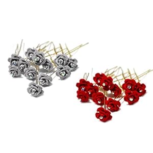 SURAKO COLLECTIONS Hair Flower Fancy Bun Metal Jura pins Silver And Red Rose Hair Accessories/Fancy Juda Pins/Juda pins for Bridal Hair for Women and Girls (Combo Of 12 Red And 12 Silver (Pack of 24) 1 41rdNP+iLVL. SL500 . SS300