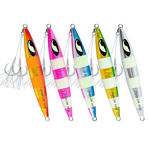 Slow Pitch Jig Flat Fall Jigs Saltwater Fishing Jig Vertical Baits with Glow Jig Hooks 60g/80g/150g/200g/250g 240lb (#006-10:5 Colors Combo 200g)