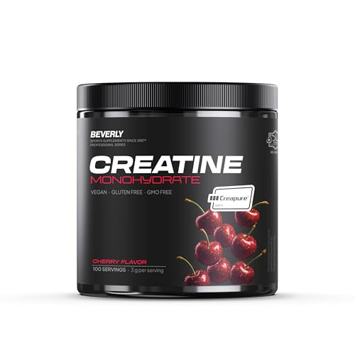 Beverly Creatine - 100% Creapure con sello oficial - 300 g - 100 servicios - Monohidrato de creatina pura micronizada - Sin añadidos, libre de contaminantes, No-GMO, vegana, sin gluten (CEREZA)