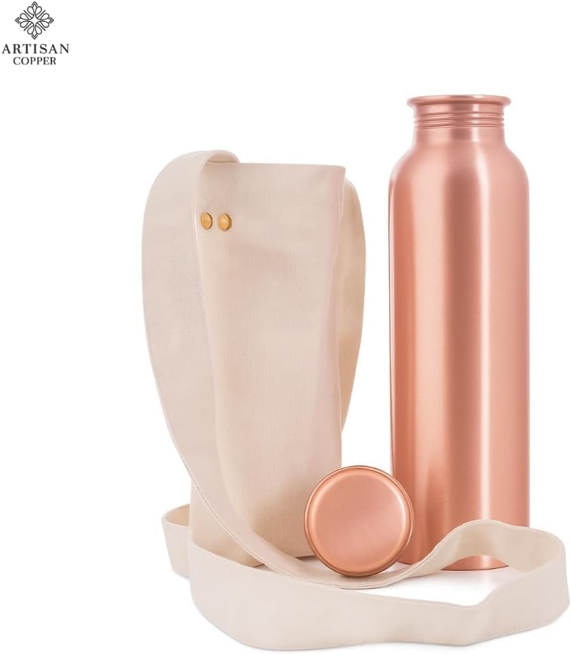 Miniatura 6 de Artisan - Botella de agua de cobre 100% puro de 32 onzas, versátil y apta para viajes, botella ayurvédica para mujeres y hombres, diseño de boca