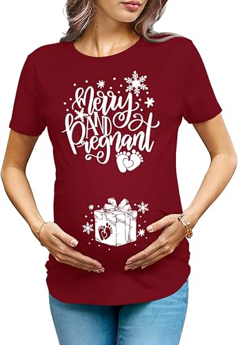 OCURHU Christmas Pregnancy Shirt Women Merry and Pregnant Xmas Maternity Gifts Funny Letter Print Short Sleeve Tee Tops Red XL