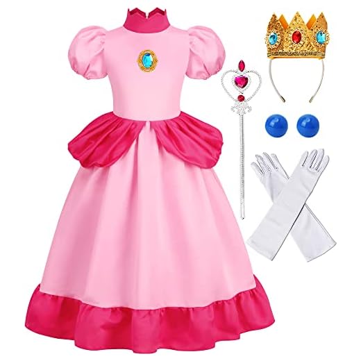 CONGRU Princess Peach Costume for Girls, Super Brothers Kids Princess Peach Dress with Accessories Halloween Cosplay Dress Up (4-5Years)